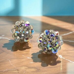Vintage aurora borealis Crystal Earrings Clip On Earrings